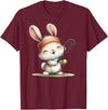 Cute Bunny Rabbit Tennis Player Cartoon Mascot T-Shirt in Burgundy