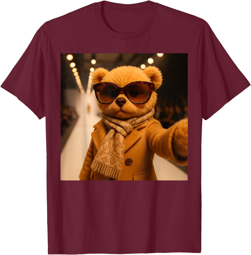 Fashion Show Party Girls Teddy Bear Graphic Design Teddy Bear Fashion Runway Selfie Catwalk Stylish Girls Women T-Shirt - Burgundy