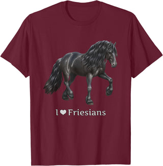 Horse Lover Art by CSForest I Love Friesians Black Friesian Draft Horse Lovers Gift T-Shirt - Burgundy