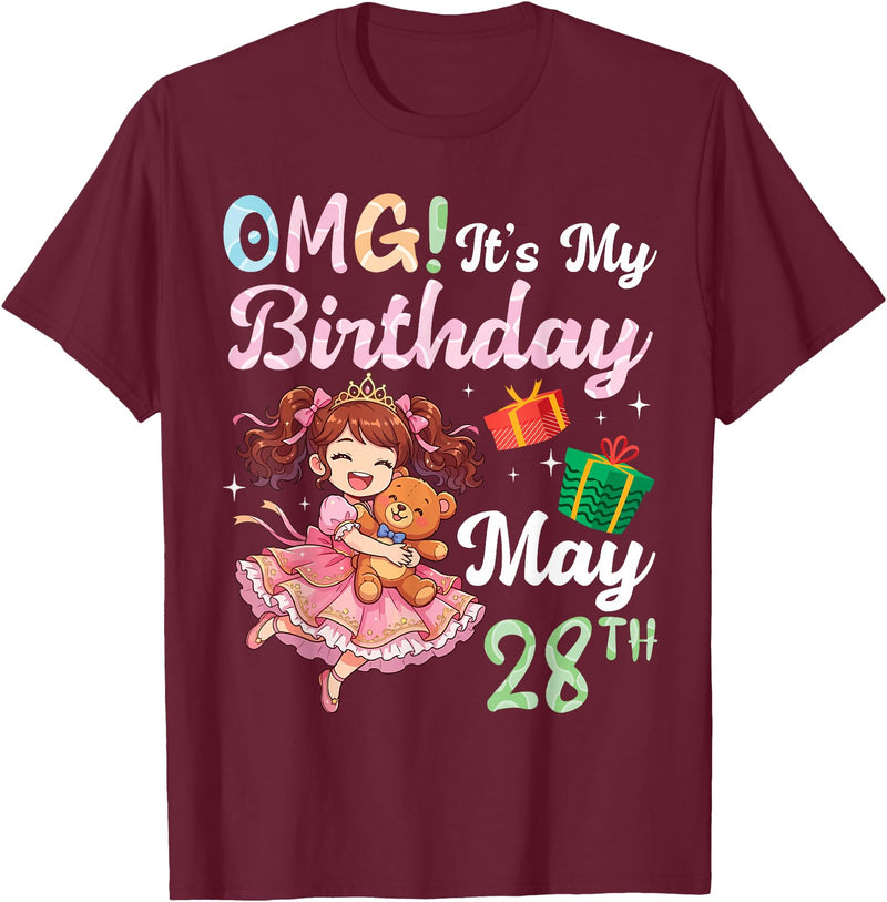 H1Shop Happy Birthday Born On May 28 OMG It's My Birthday Born On May 28th Girl with Present Bear T-Shirt - Burgundy