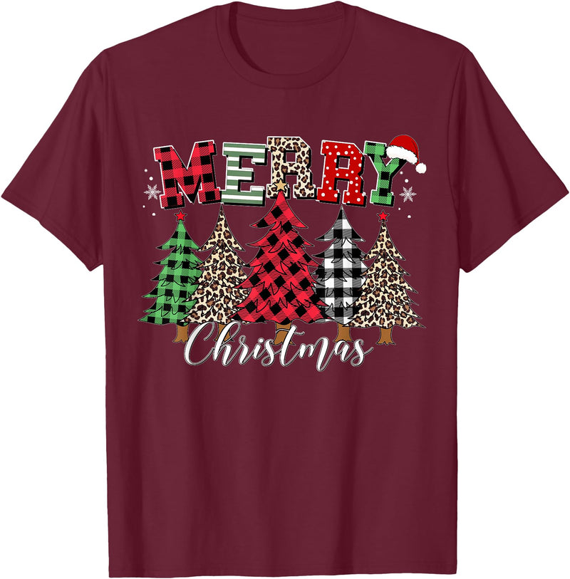 Merry Christmas Leopard Buffalo Red Plaid for Men Women T-Shirt - Burgundy