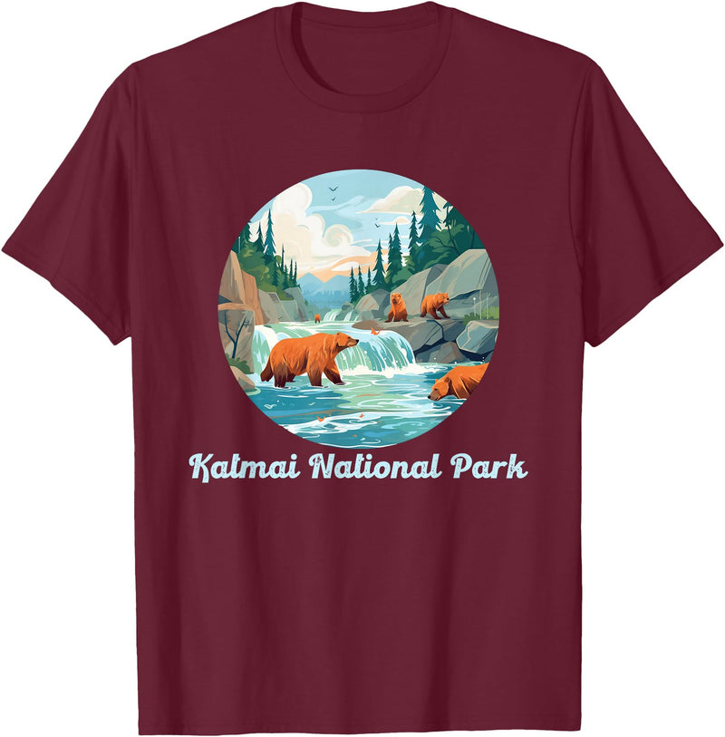 Fun National Parks Alaska Katmai National Park Alaska Brooks Falls Salmon Bears T-Shirt - Burgundy