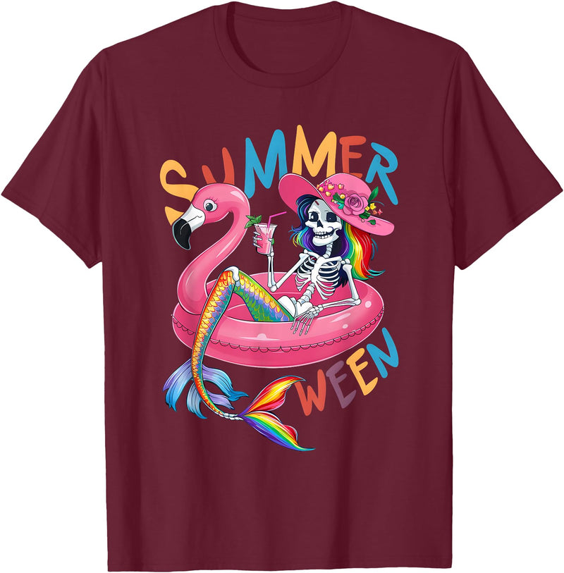 Summer Halloween Summerween Summerween Mermaid Skeleton Flamingo Summer Halloween Women T-Shirt - Burgundy