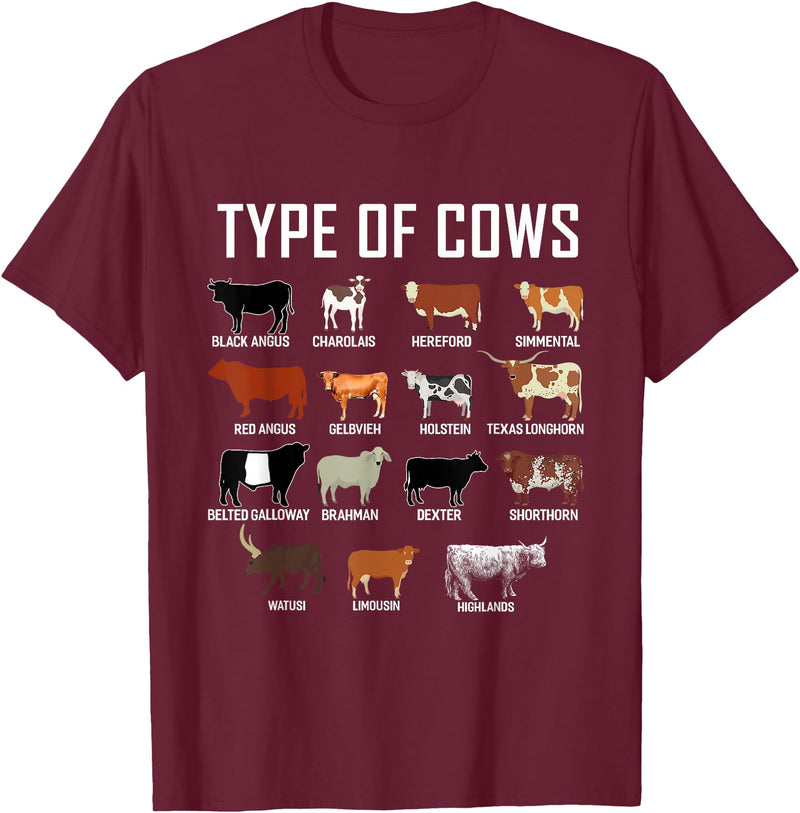 COW Designs By ShirtZilla Types of Cows Shirt Farmer Tee Shirt Costume Cow T-Shirt - Burgundy