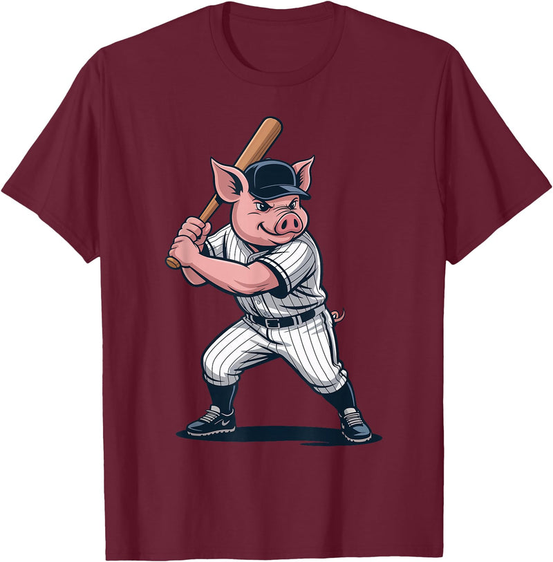Pig Animal Baseball Lovers Graphic Funny Pig Playing Baseball Artwork Vintage Animal Baseballer T-Shirt - Burgundy