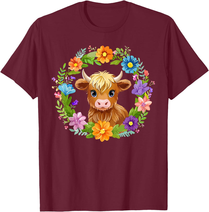 Highland Cow Lover Gifts Apparel and More Highland Cow Flowers Wreath Floral Farm Scottish Country T-Shirt - Burgundy
