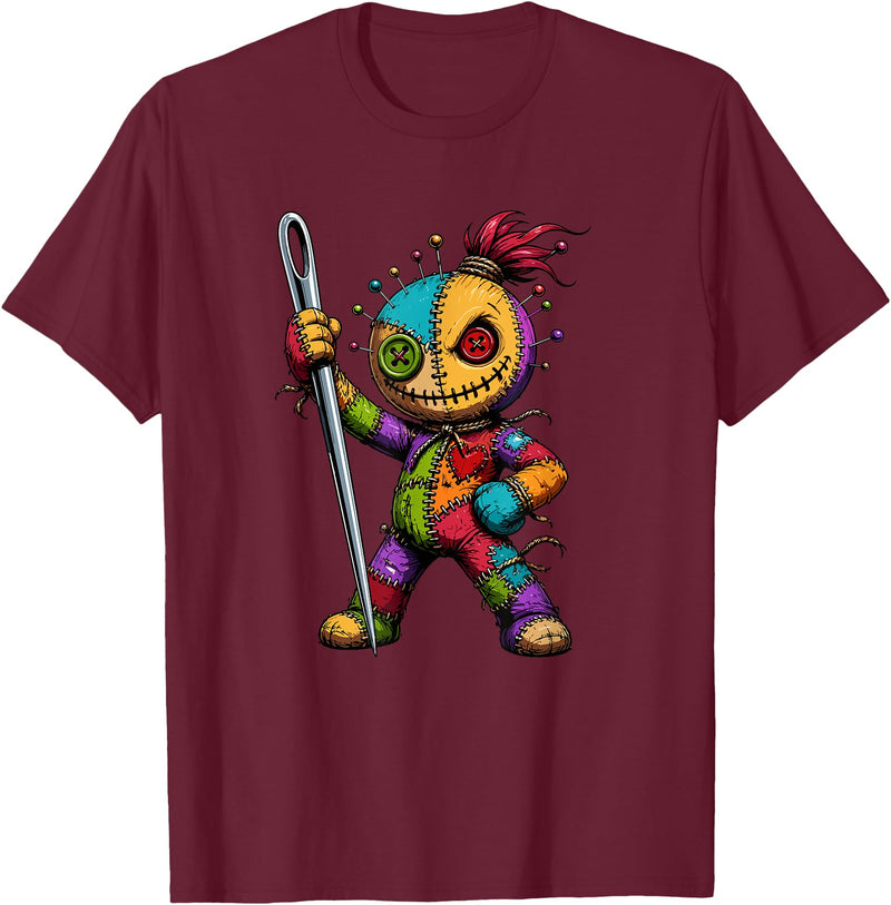 Colorful Voodoo Doll Patchwork Horror Halloween Creepy Rainbow Voodoo Doll with Needle Halloween T-Shirt - Burgundy