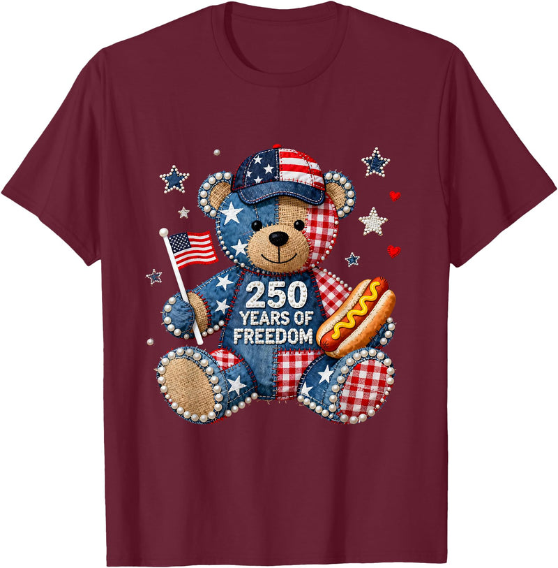 Patriotic Bear USA Vintage Co 250 Years of Freedom Patriotic Bear USA Retro T-Shirt - Burgundy