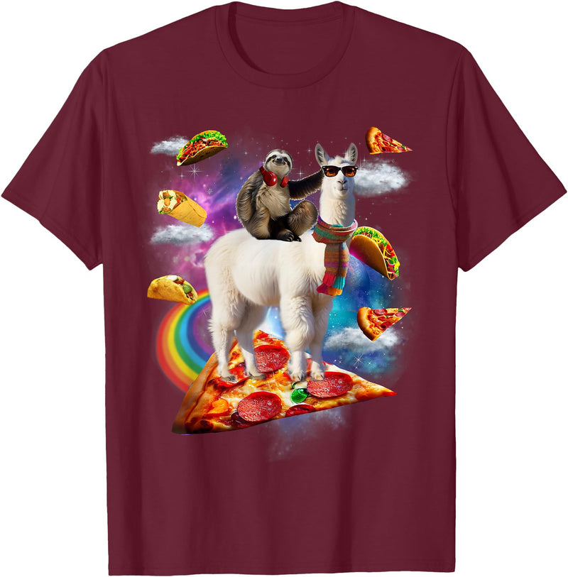 Funny Rainbow Sloth Llama in space Co. Sloth Llama Galaxy Pizza Taco Burrito Rainbow Funny Surreal T-Shirt - Burgundy