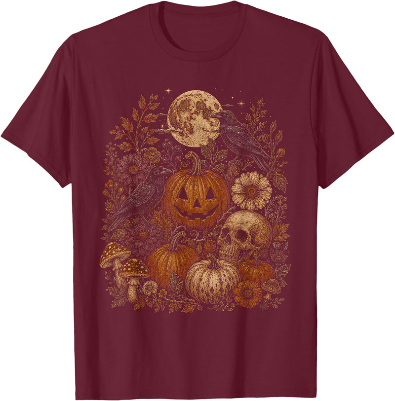 Threadrock Vintage Halloween Harvest Retro Gothic Botanical T-Shirt - Burgundy
