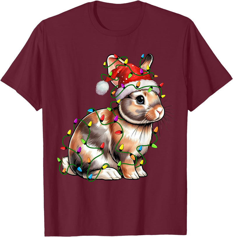 Bunny Rabbit Santa Christmas Tree Lighting Xmas Funny T-Shirt in Burgundy