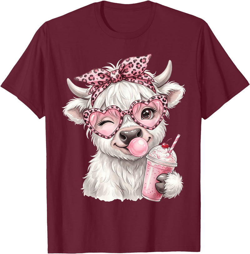 Cute Highlander Cow Lover Designs Scottish Highland Cow Eating Bubblegum T-Shirt - Burgundy