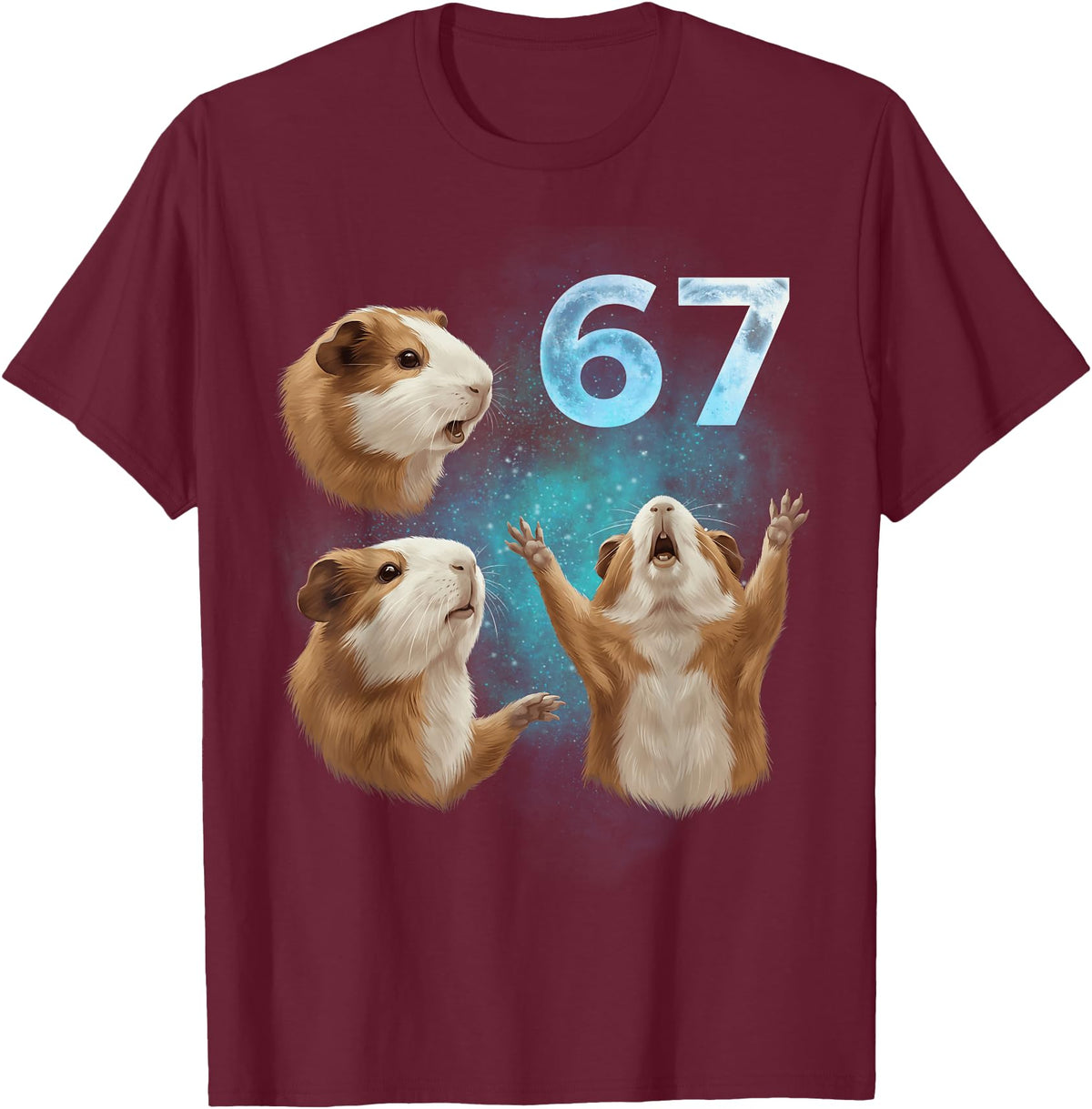 Guinea Pig 67 Meme Trending Vibe 67 Meme Guinea Pig Howling at The Moon Six Seven T-Shirt - Burgundy