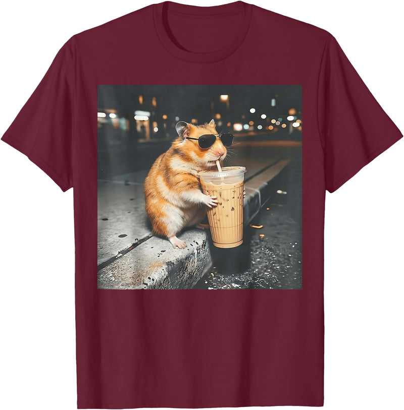 Hamster Drinking Iced Coffee Funny Animal Meme Men Women T-Shirt - Burgundy