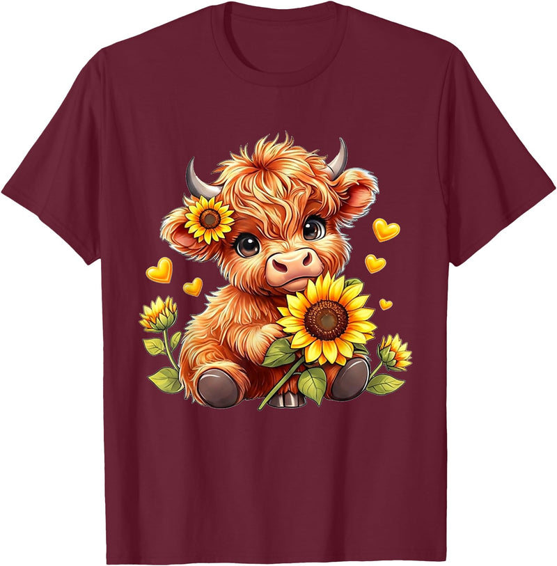 Cute Highland Cow Sunflowers For Girls Cute Highland Cow Sunflowers Girls Women Animal Lovers T-Shirt - Burgundy