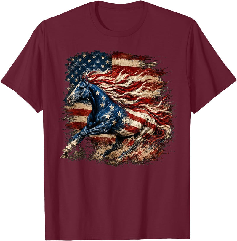 Independence Day Horse Lovers Cowgirls Horse Patriotic Equestrian 4th of July USA American Flag T-Shirt - Burgundy