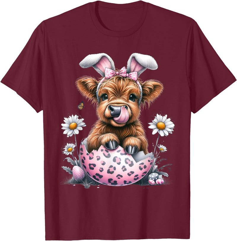 Funny Cow Easter Rabbit Cute Highland Cows Lover Easter Day T-Shirt - Burgundy