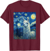 Llama Designs. Llama Alpaka Van Gogh Style Starry Night Funny Graphic T-Shirt - Burgundy