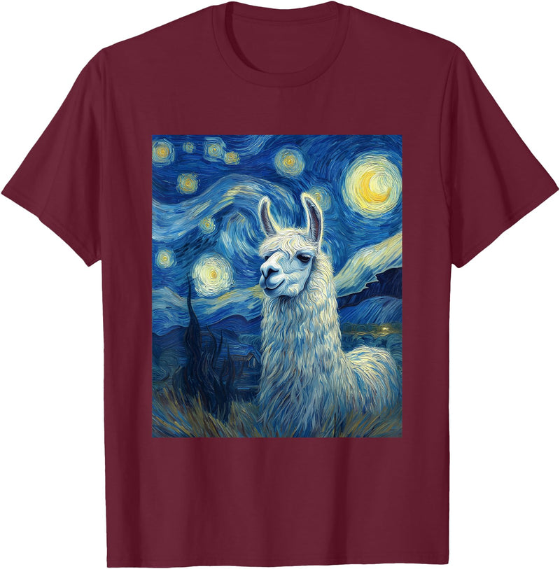 Llama Designs. Llama Alpaka Van Gogh Style Starry Night Funny Graphic T-Shirt - Burgundy
