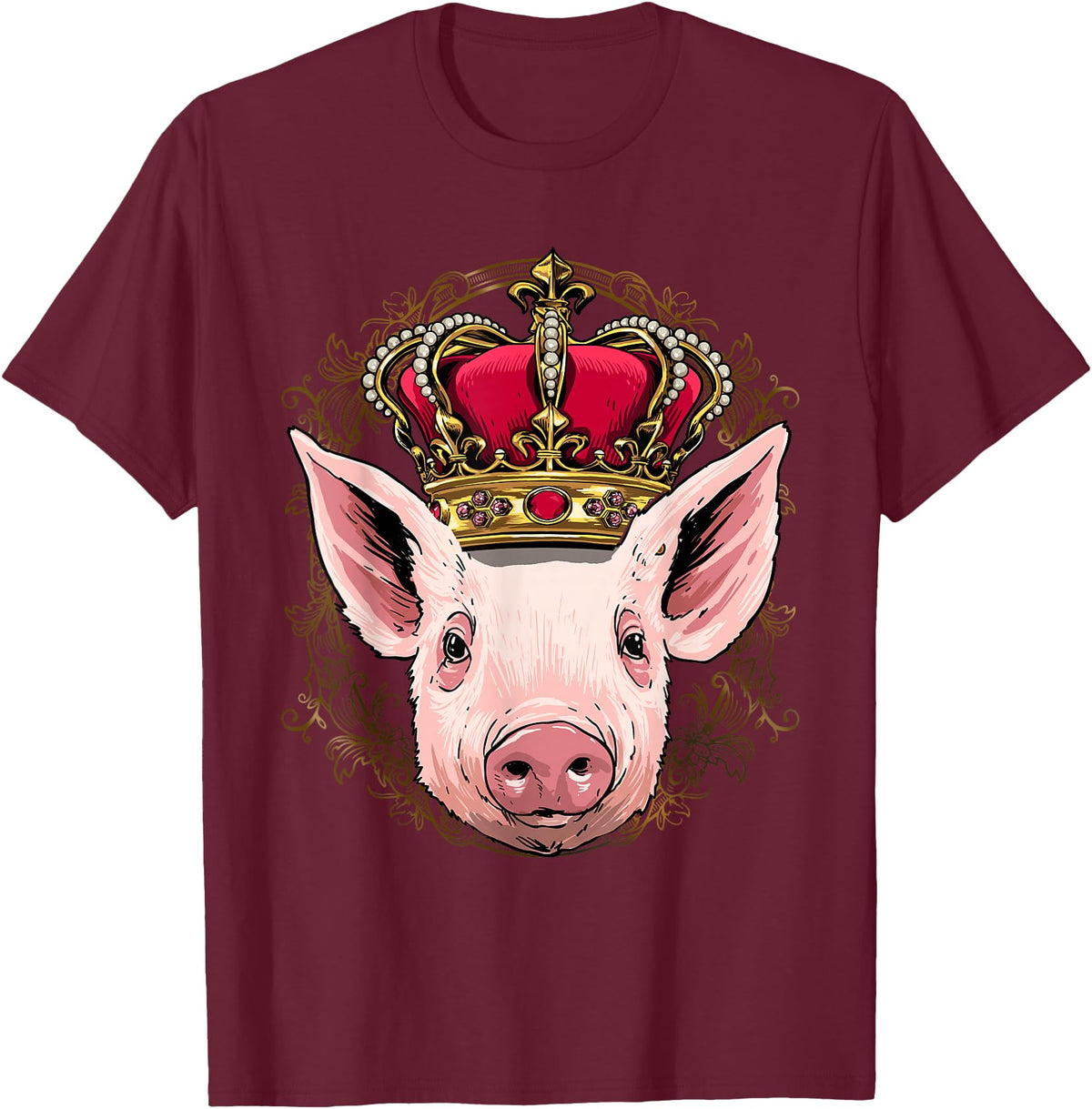 Wowsome! King Pig Wearing Crown - Queen Pig Animal T-Shirt - Burgundy