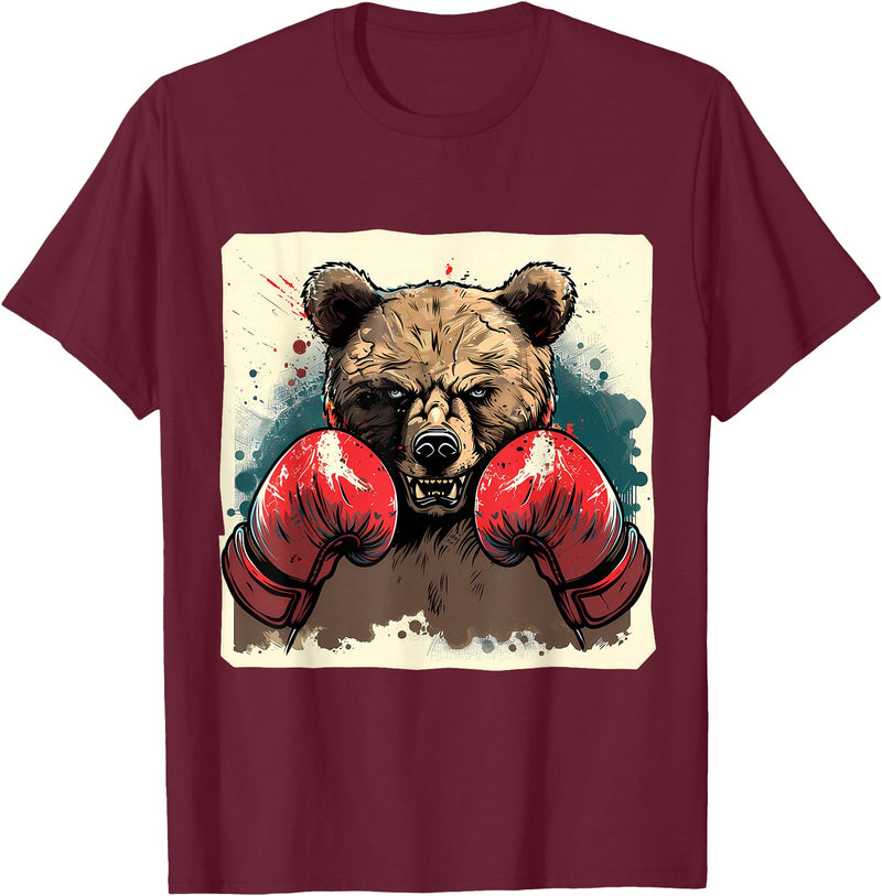 Funny Boxing Animals Boxer Bear With Boxing Gloves Kickboxing Funny Boxing T-Shirt - Burgundy