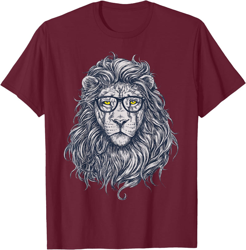 Wise Animal Cool Lion in Glasses Hipster Funny Nerd Humor T-Shirt - Burgundy