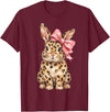 Cute Bunny Leopard Coquette Bow Rabbit Easter Women Girls T-Shirt in Burgundy