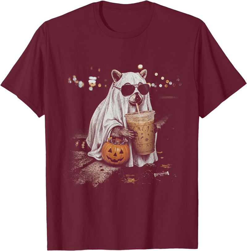 Funny Halloween Raccoon with Pumpkin and Coffee Raccoon with Pumpkin and Coffee Vintage 90s Halloween T-Shirt - Burgundy