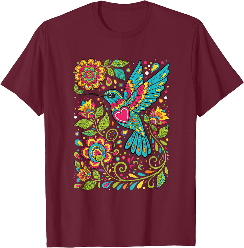 FolkFlight Design Co Bird Hummingbird Floral Folk-Art Colorful T-Shirt - Burgundy