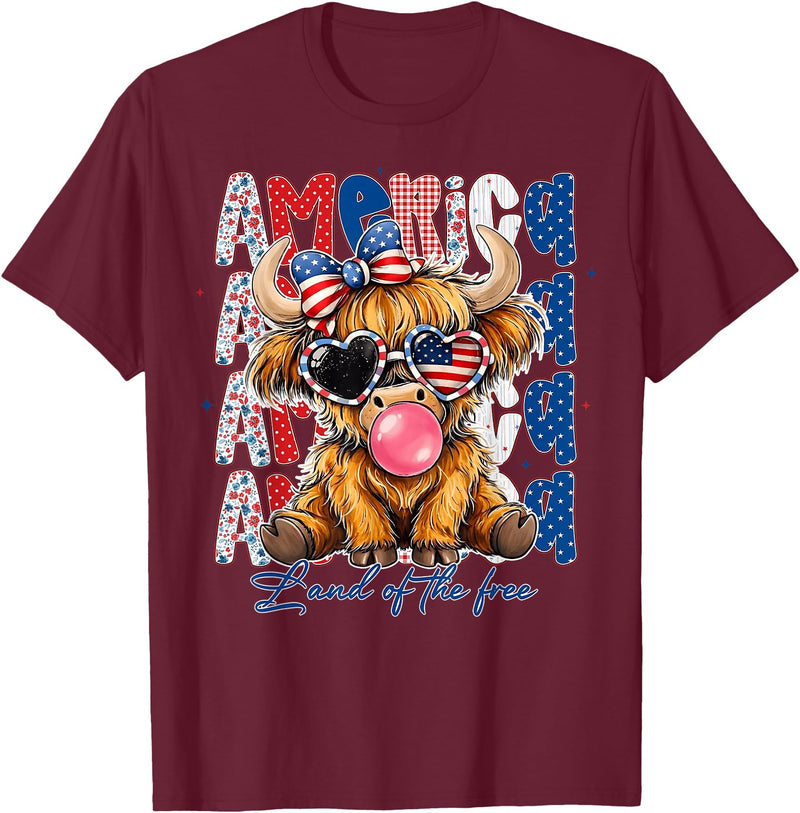 Cute Cow Creations Highland Cow 4th of July, Patriotic Cowgirl Bow Design T-Shirt - Burgundy