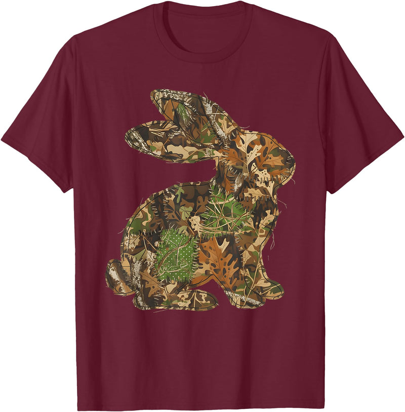 Camo Easter Bunny Patchwork Spring Rabbit Men Women Kids T-Shirt in Burgundy