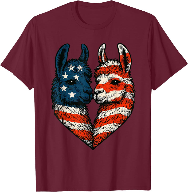 Fourth of July Clothing Co. Patriotic Llamas Heart American Flag 4th of July Graphic T-Shirt - Burgundy