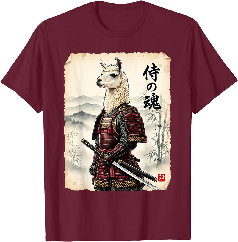 Vintage Samurai Alpaca Llama Japanese Art Tees Samurai Llama Japanese Art Vintage Alpaca Funny Animal T-Shirt - Burgundy