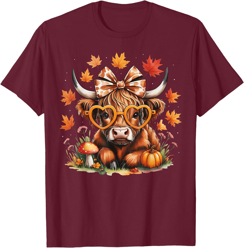 Fall Highland Cow Bow ThanksGiving Ades.shirt Fall Highland Cow Pumpkin Bow Thanksgiving Fall Girl Women T-Shirt - Burgundy