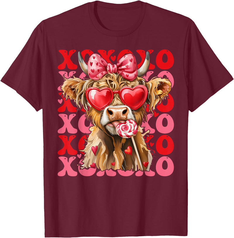 Valentine XOXO Highland Cow Fng Valentine XOXO Highland Cow Cute Coquette Bow Western T-Shirt - Burgundy