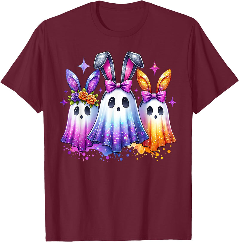 Colorful Cute Ghost Bunny Ears Spooky Easter Rabbit Lover T-Shirt in Burgundy