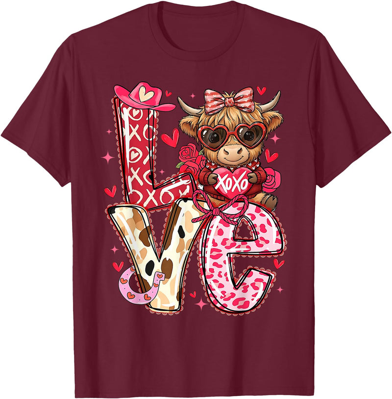 Highland Cow Valentine Tees Love Western Highland Cows Valentine Cowgirl Hat T-Shirt - Burgundy