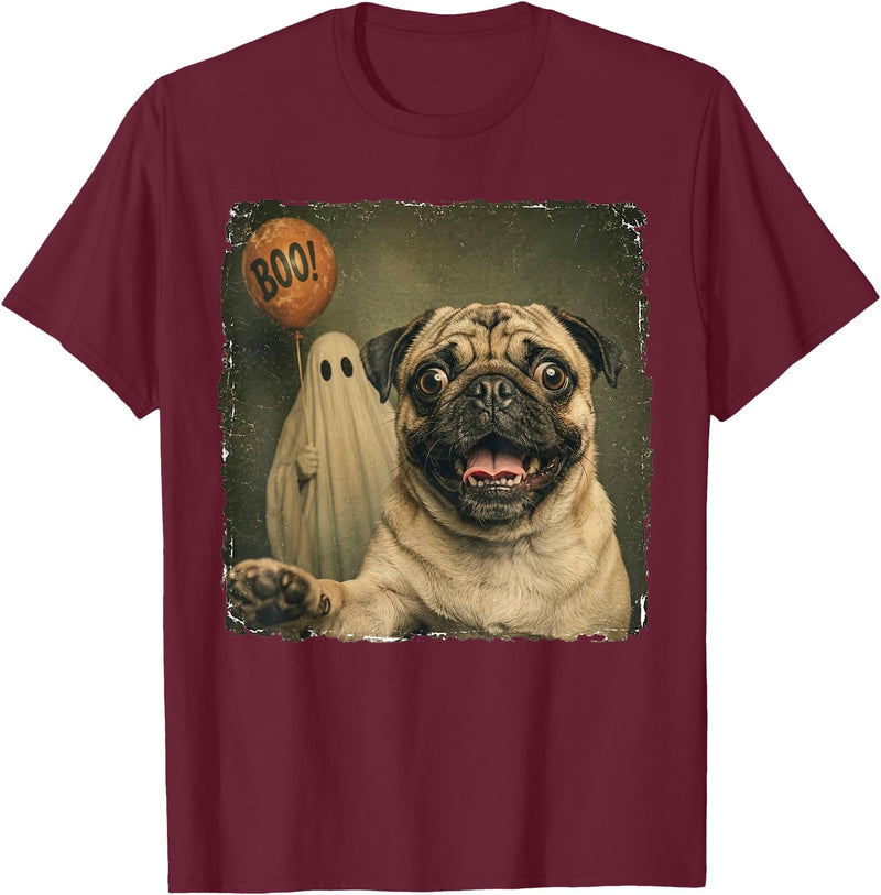 Issebl Dog Pug Lover Funny Pug Halloween Ghost Selfie Dog Funny T-Shirt - Burgundy