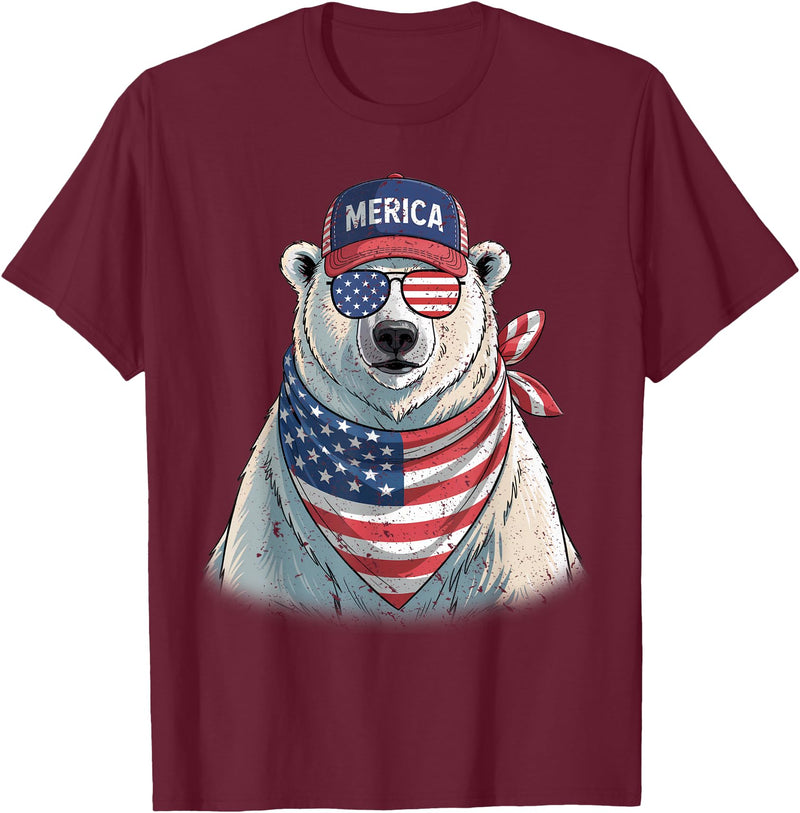 Retro Merica Polar Bear USA July Fourth Polar Bear 4th of July US American Flag Patriotic T-Shirt - Burgundy