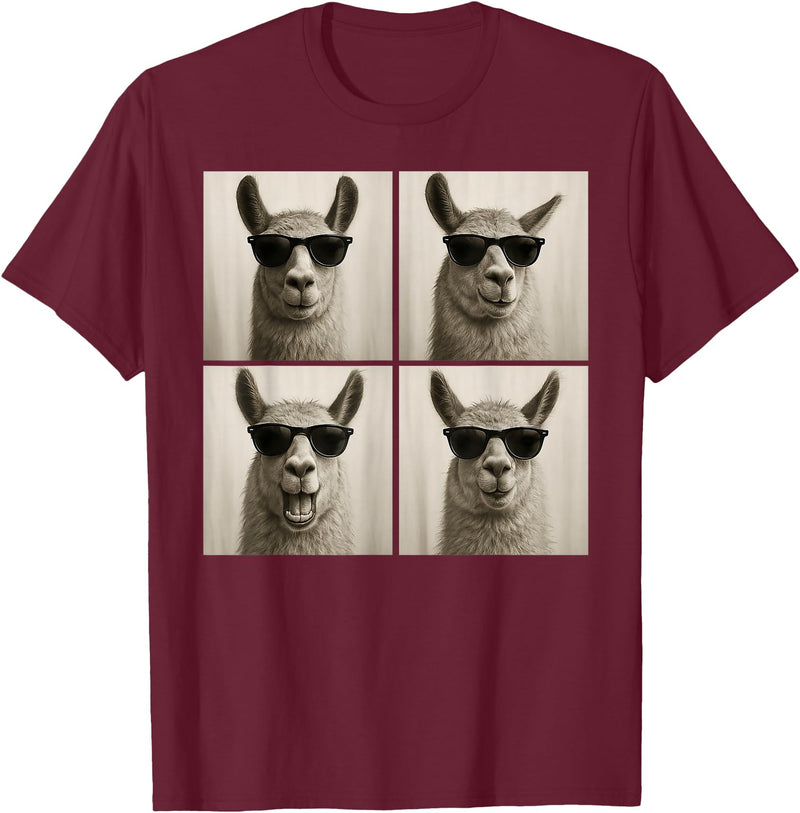Retro Llama Portrait with Sunglasses Funny Llama Lover Cute Llama Photo Booth T-Shirt - Burgundy