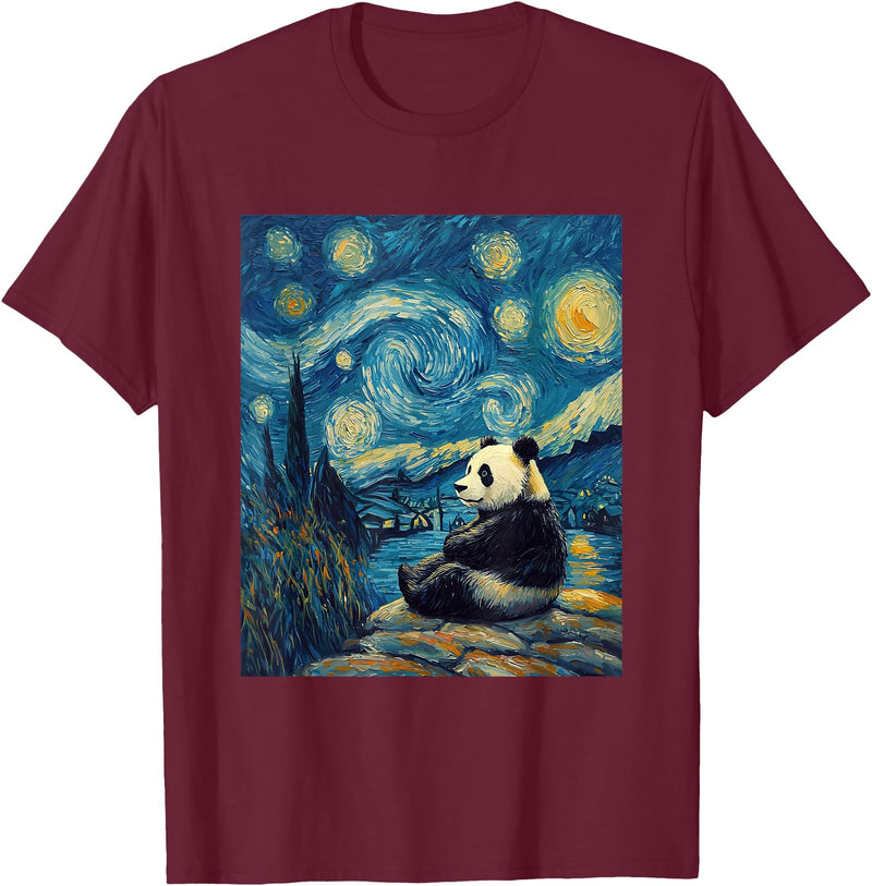 Bear Designs. Cute Panda Bear Van Gogh Style Starry Night Graphic T-Shirt - Burgundy