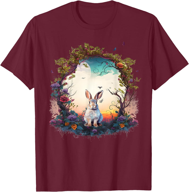 Mountain Woodland Animals Cute Rabbit Nature Floral T-Shirt in Burgundy