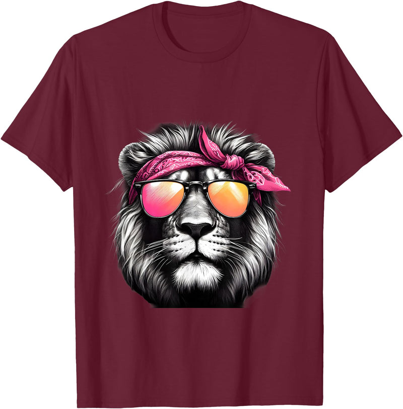 Fashionable Animals Wearing Pink Bandanas Lion Wearing a Pink Bandana Headband and Sunglasses T-Shirt - Burgundy