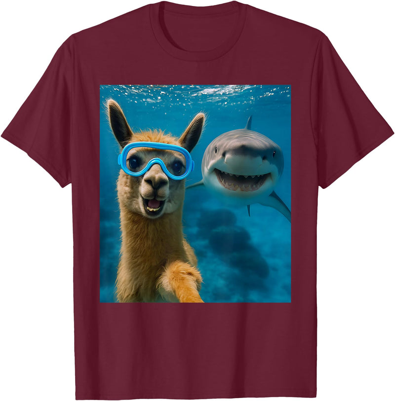 Selfie Llama and Shark Summer Scuba Diving Funny Llama Selfie with Shark Ocean Lovers T-Shirt - Burgundy
