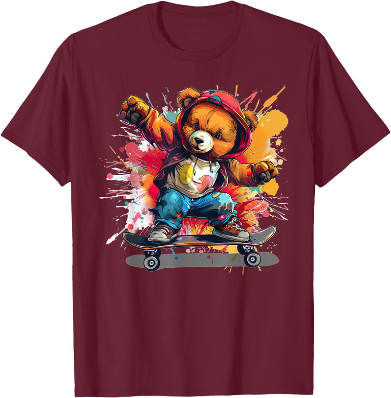 Cool Teddy with skateboard Colourful Splash with Skateboard Teddy Bear Outfit T-Shirt - Burgundy