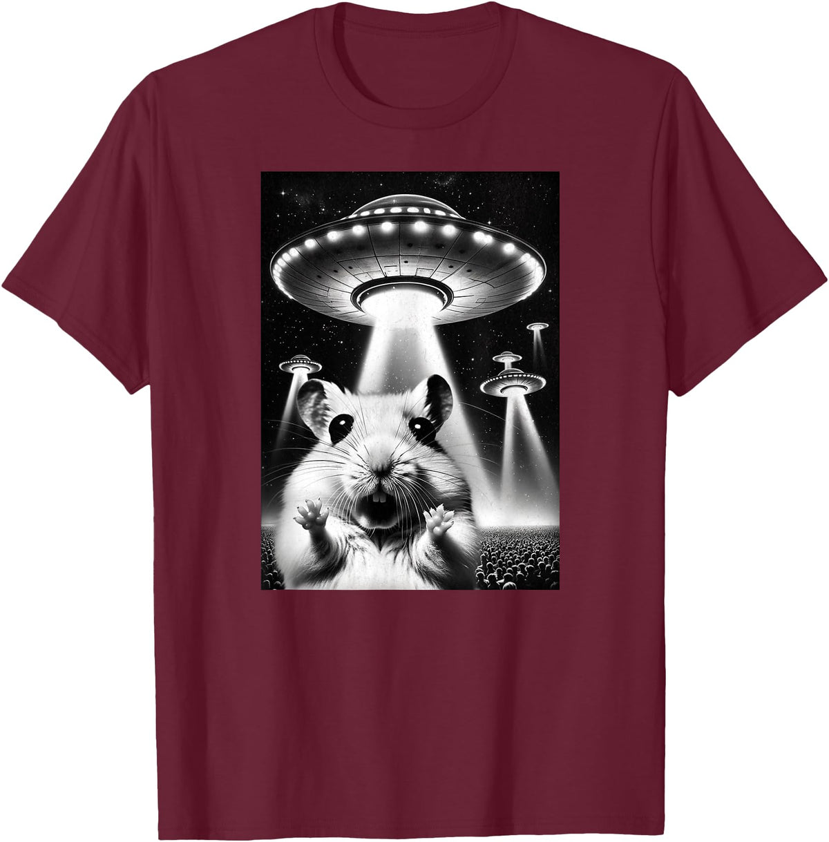 Hamster UFO | Funny Invasion Meme Alien Hamster UFO Selfie T-Shirt - Burgundy