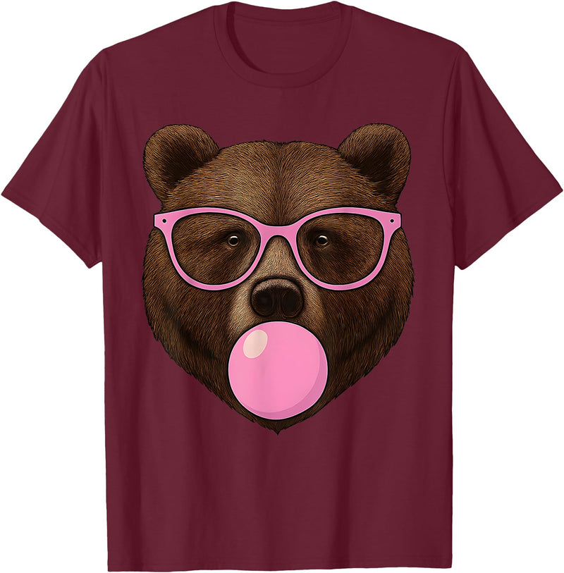Bear Face Wearing Glasses Apparel For Women ladies Cute Bear Face Eating Gum and Makes Bubble Funny Bears Women T-Shirt - Burgundy