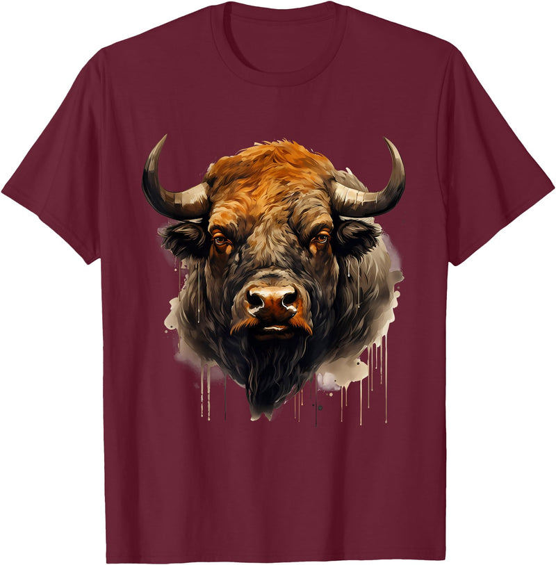 Safari Animal Art Buffalo Animal Print Portrait Bison Nature Artwork T-Shirt - Burgundy