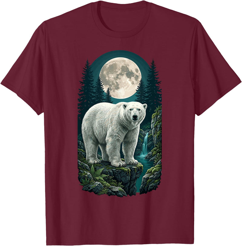 Polar Wilderness Fan Wildlife Lover Polar Bear Full Moon Night Forest Wildlife Nature Lover T-Shirt - Burgundy