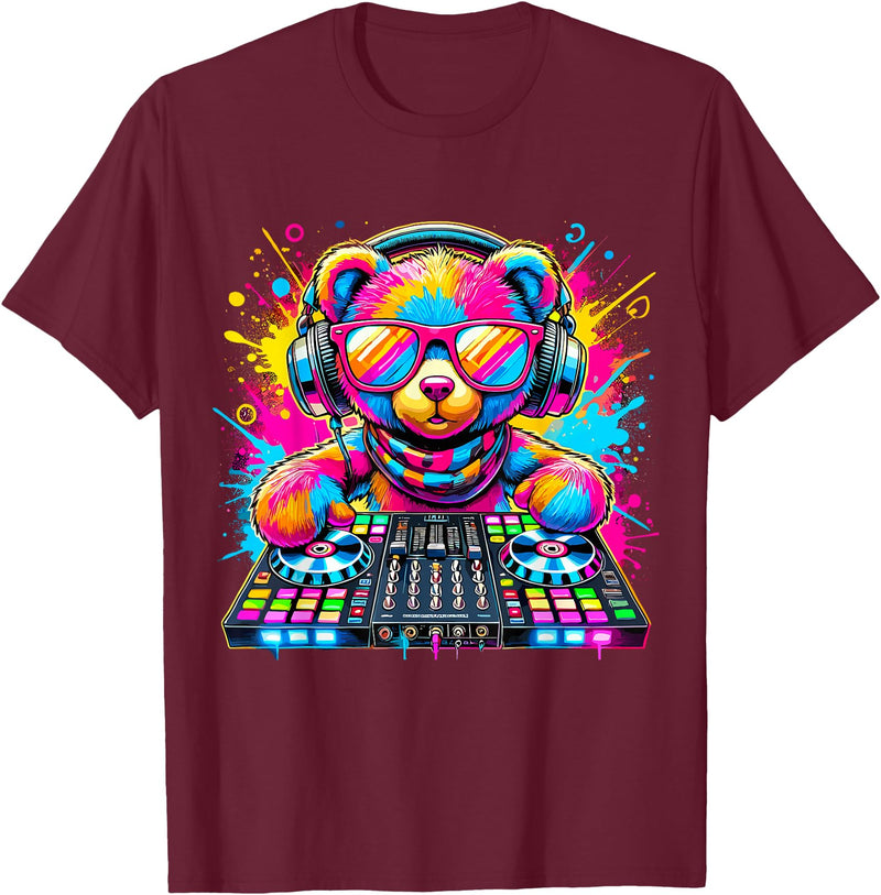 Magical and Funny Music lover Gifts DJ Teddy Bear Disco Hip Hop T-Shirt - Burgundy